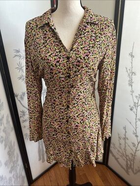 Zara Black Long-Sleeve Mini Dress with Pink and Green Floral Print